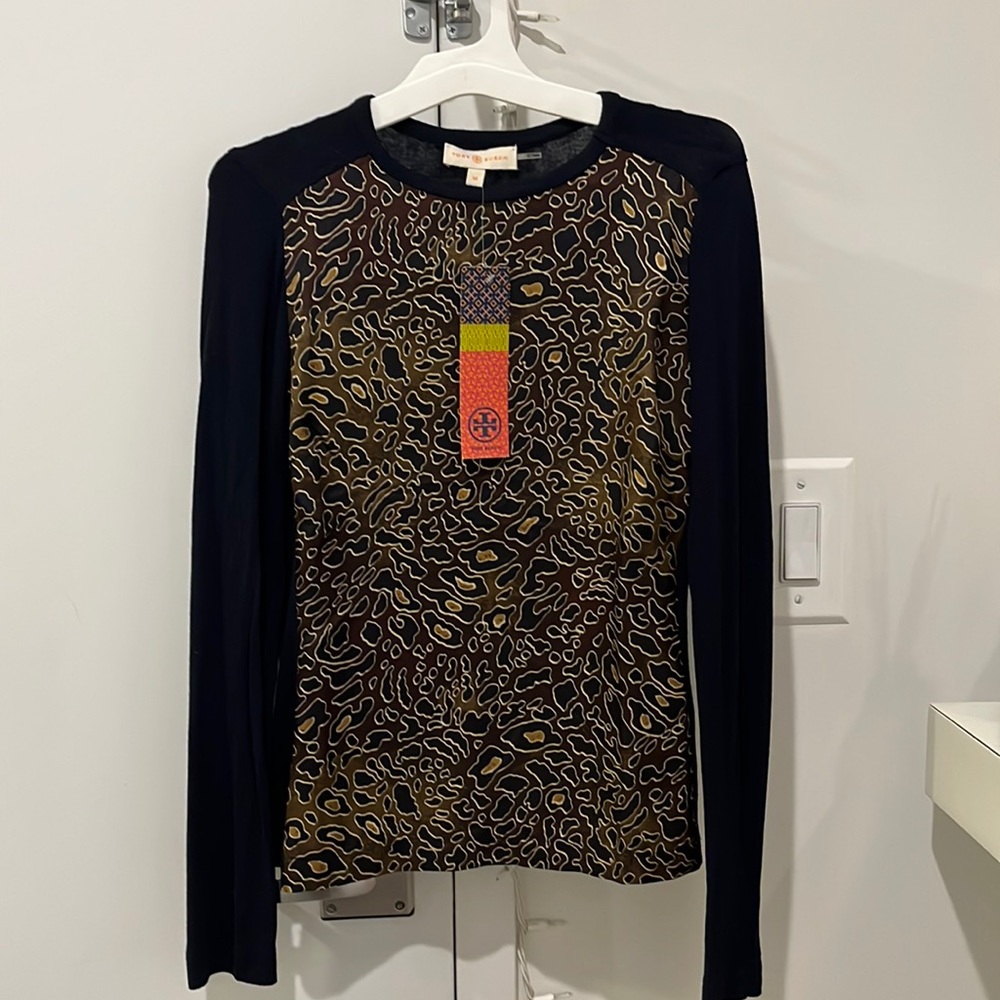 Tory Burch long sleeve silk tee. Navy